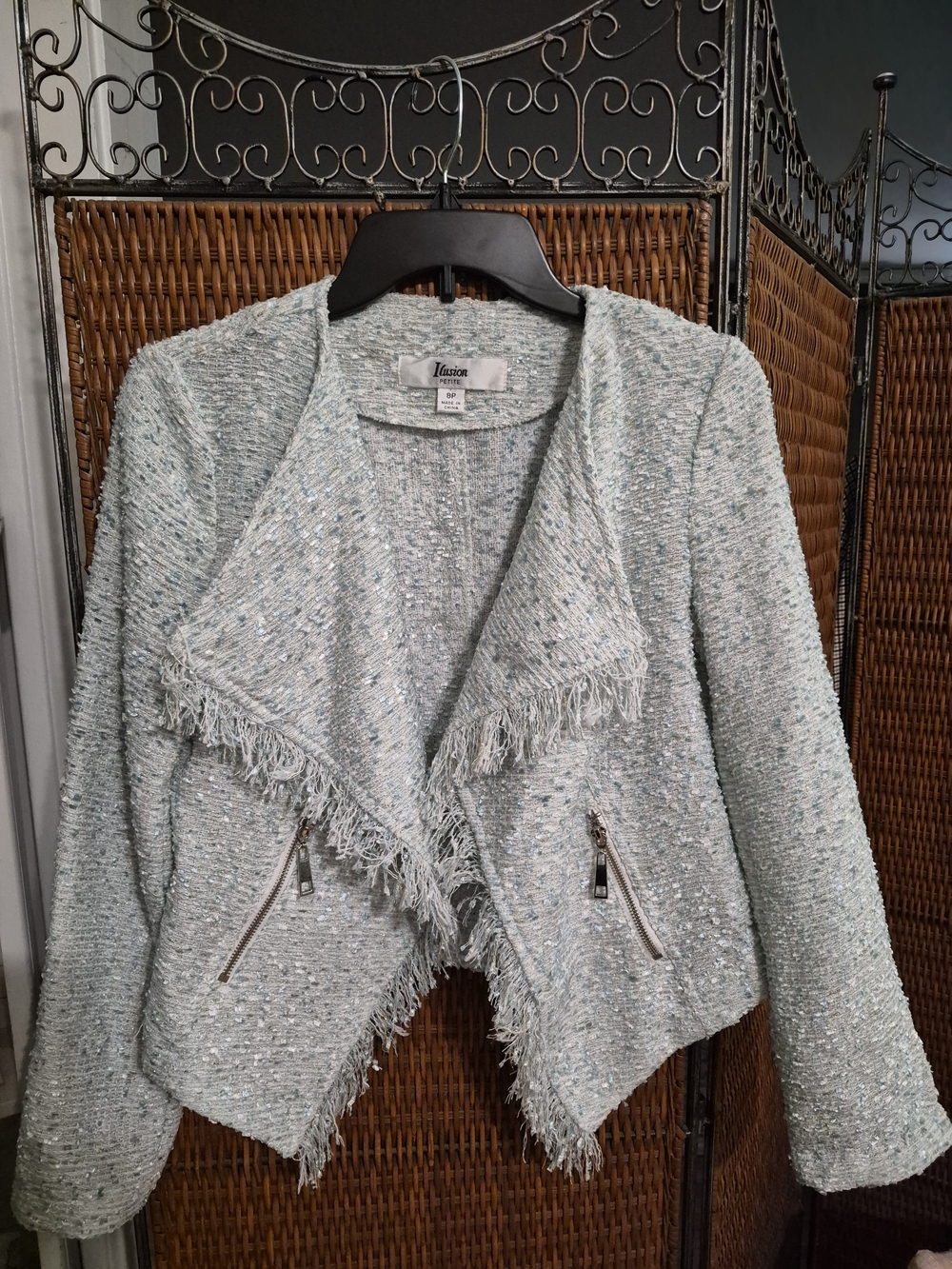 Tahari Light Blue Bouclé Fringe Jacket